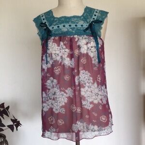 Free People silk and lace floral printed sheer boho sleeveless top XS